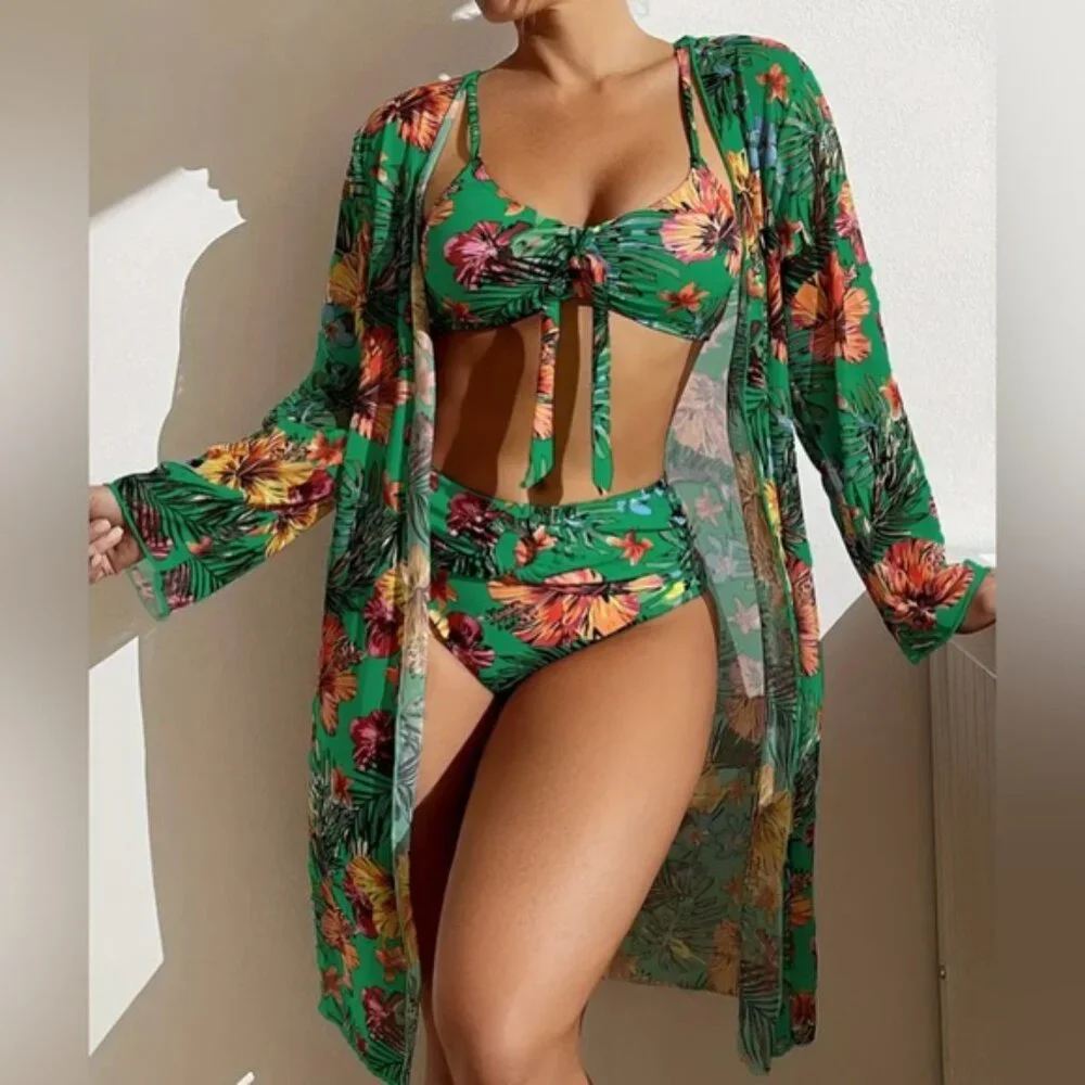 Dark Green Tropical Bikini & Cover Up, Print High Stretch 3 Piece